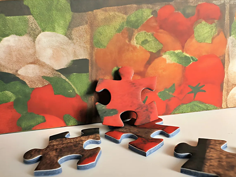 Close-up of thick, premium puzzle pieces from Vegetable Cat, showing rich texture and vibrant colours.
