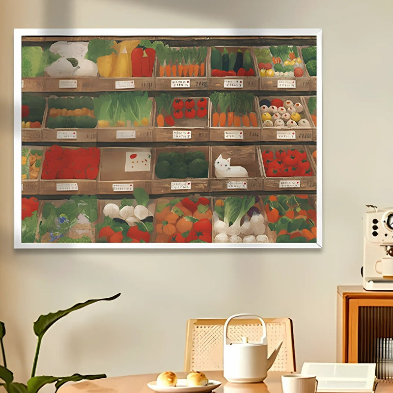 Vegetable Cat puzzle framed and hung on the wall above a tea set, styled in a cosy, minimalist room.