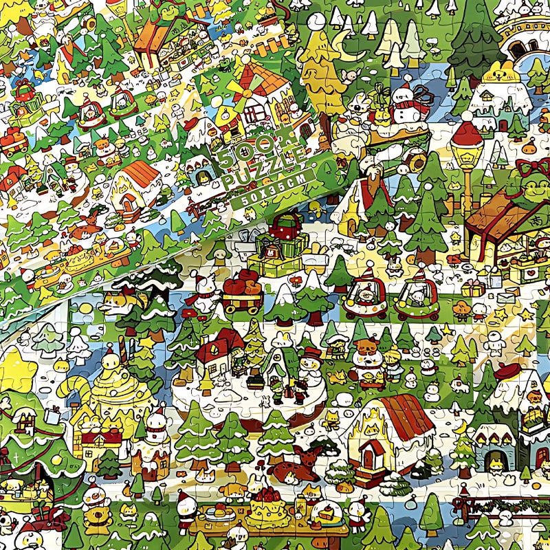 Winter Forest puzzle partially completed with box resting on top, showing detailed snowy forest scene