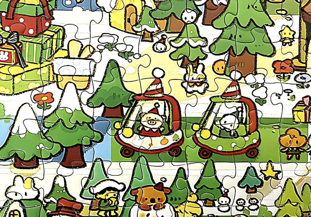 Puzzle detail showing red and green cable cars carrying cute animals through the winter forest