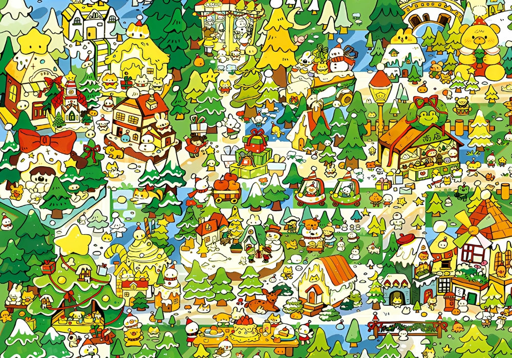 Full Winter Forest puzzle artwork featuring cabins, pine trees, snowmen, animals, and cartoon Christmas details