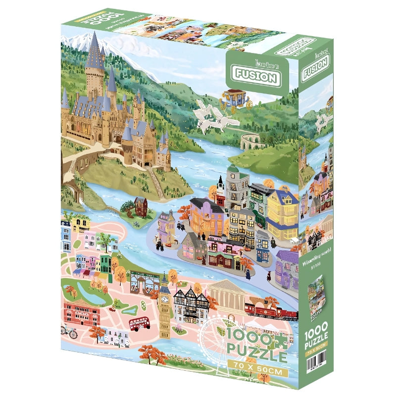 Wizarding World 1000-piece puzzle box showing magical castle, fantasy buildings and flying carriage over scenic landscape
