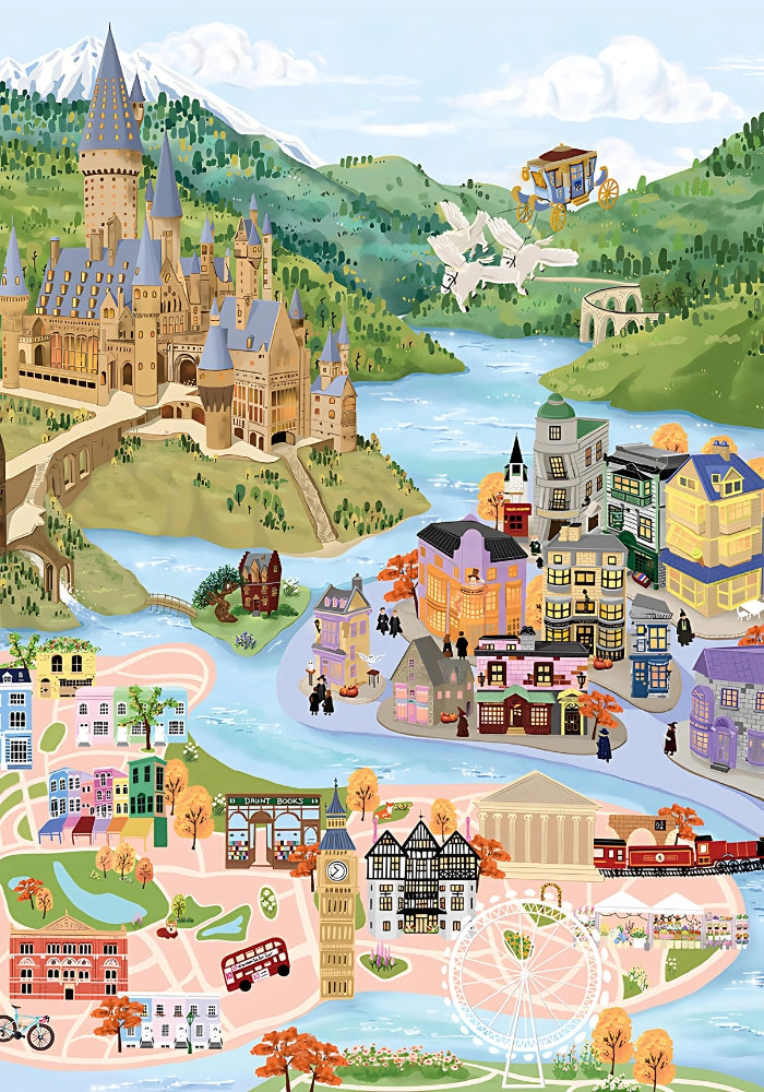 Full illustrated image of Wizarding World puzzle with castle, cobbled streets, Ferris wheel, and flying carriage