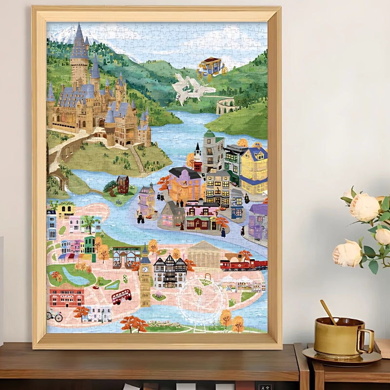 Completed Wizarding World puzzle framed on wall, featuring magical town, castle, and riverside view