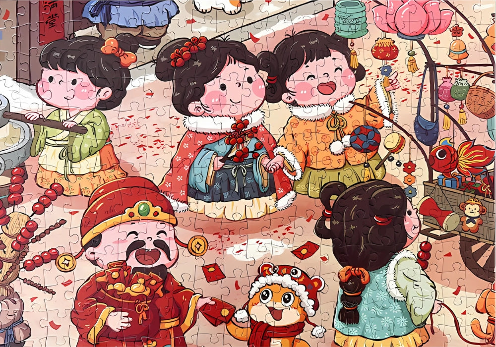 Zoomed-in section of Year of Snake puzzle showing children dressed in traditional clothing with lanterns and decorations