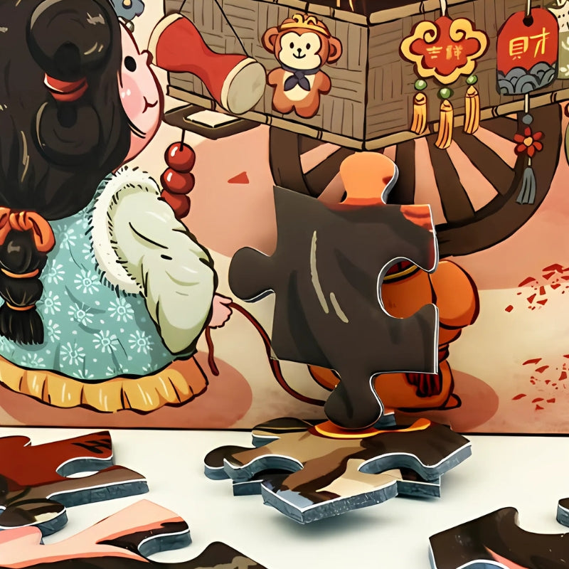 Close-up of thick puzzle piece and market scene from Year of Snake puzzle, showing bright festive details
