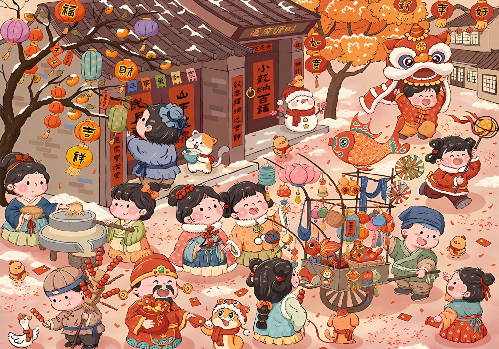 Completed Year of Snake puzzle with festive street scene, children, animals, and Lunar New Year decorations