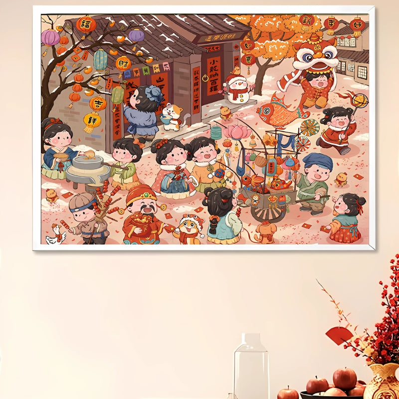 Year of Snake puzzle framed on wall, showing full village New Year celebration with lion dancers and food vendors
