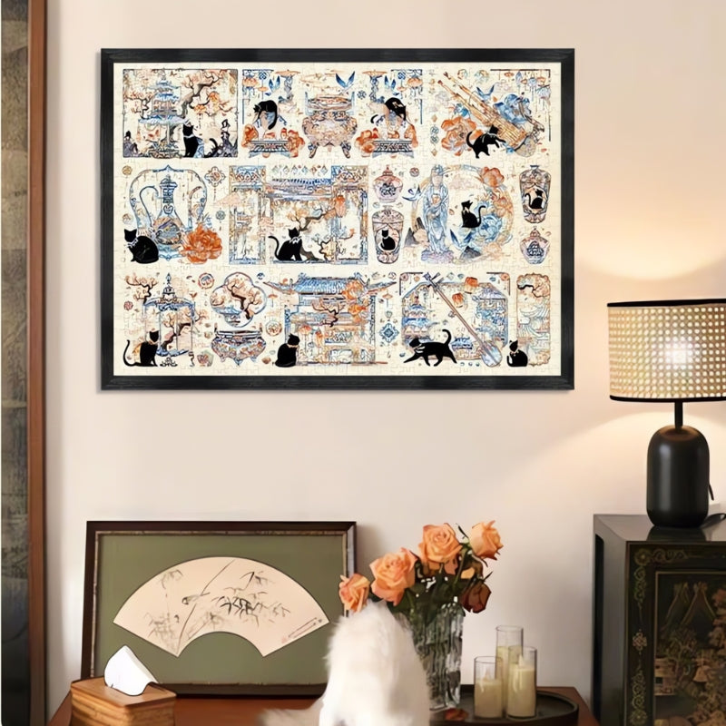 Framed Yuan Dynasty puzzle displayed above cabinet, showing elegant Chinese architecture with black cats and floral vases
