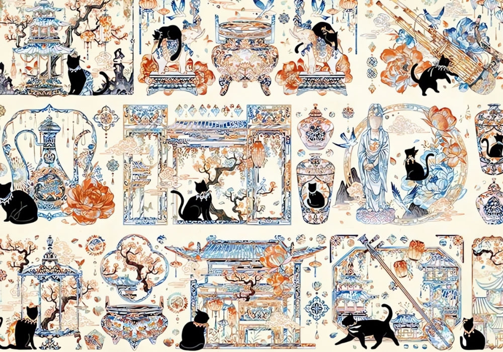 Yuan Dynasty puzzle artwork with delicate ink-style illustrations, lotus flowers, pagodas, and black cats