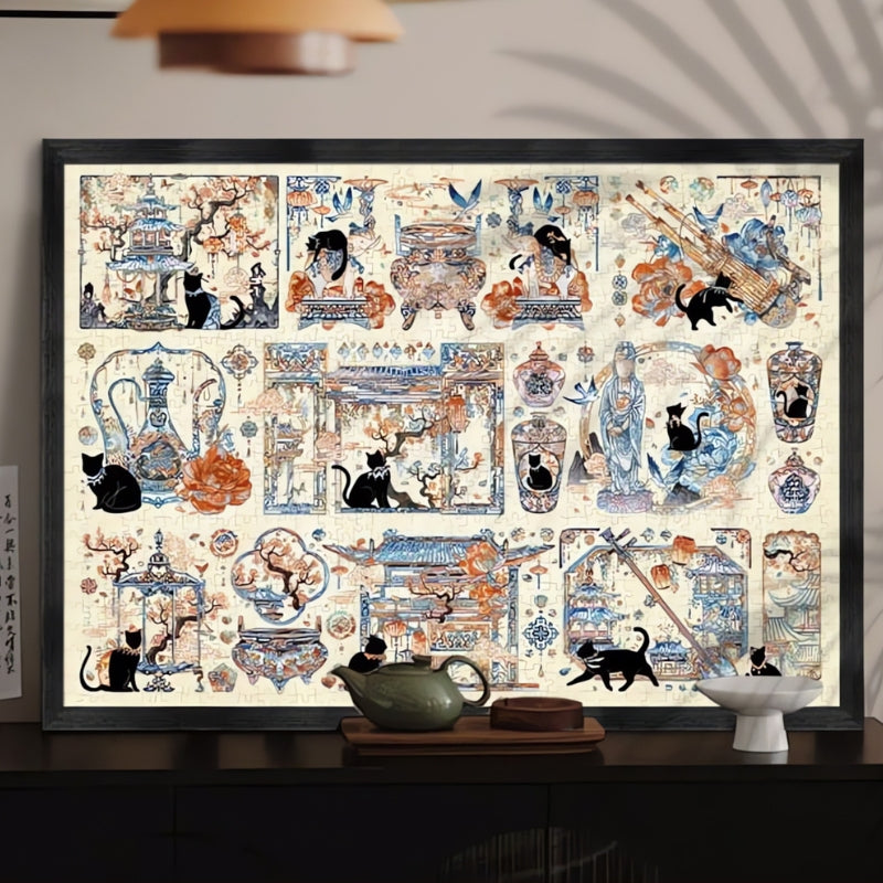 Framed Botop puzzle showing Yuan Dynasty theme with detailed Oriental scenery and cats in traditional setting