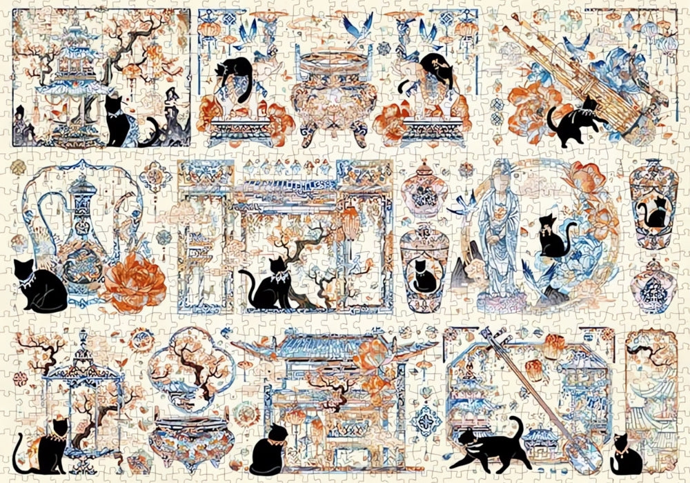 Completed Botop Yuan Dynasty 1000 piece puzzle featuring cats, Chinese vases, and classical window motifs