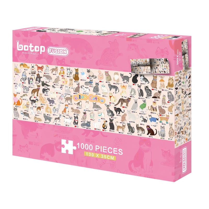 100 Cats 1000 piece puzzle box in pink with cartoon illustrations of various cat breeds across the front.