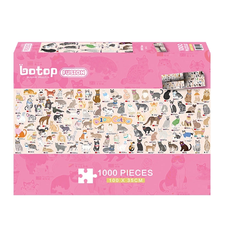 100 Cats 1000 piece puzzle box in pink with cartoon illustrations of various cat breeds across the front.