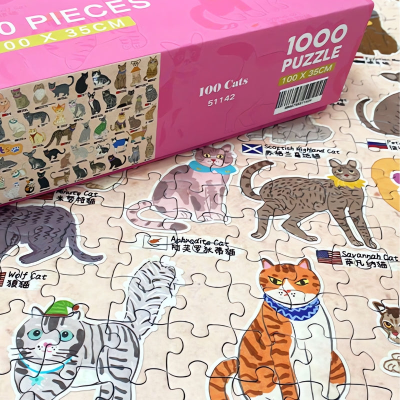 Close-up of 100 Cats puzzle showing breed names and detailed drawings under the pink box.
