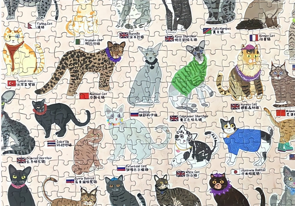 Section of 100 Cats puzzle displaying colourful cat breeds with country flags and breed names.