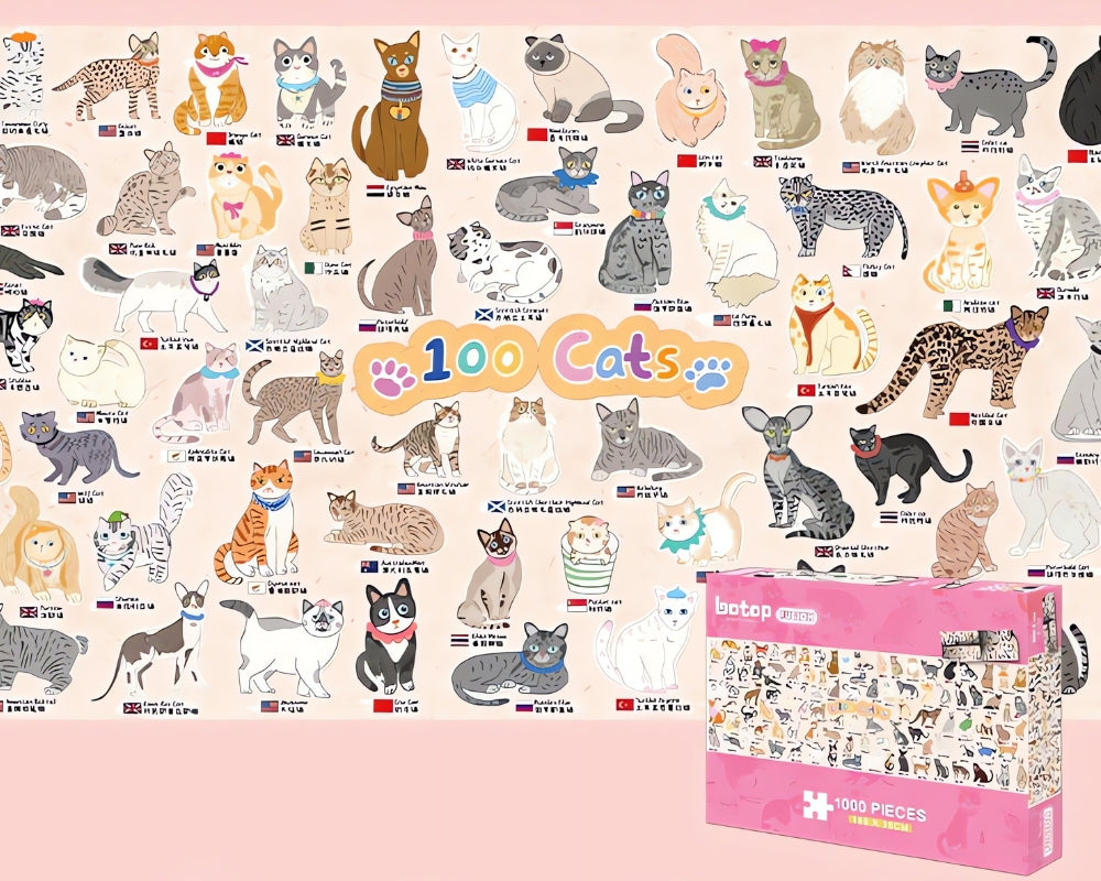 100 Cats puzzle artwork layout with box in corner, showing all 100 cat illustrations on pale pink background.