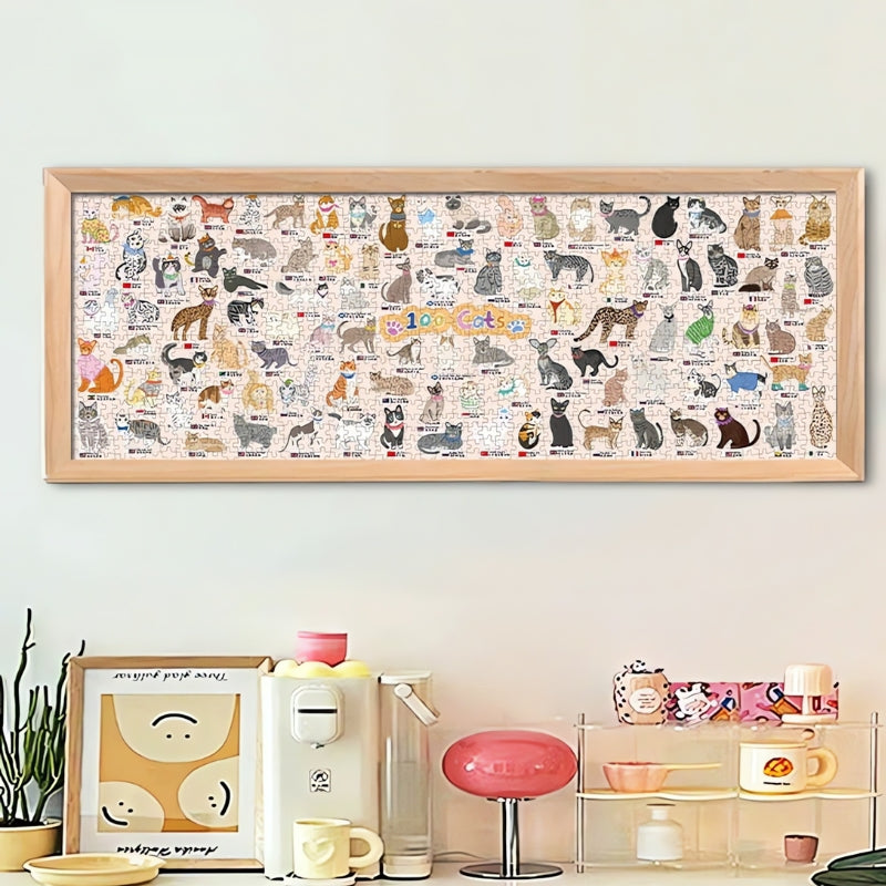 Framed 100 Cats puzzle displayed above a shelf with coffee accessories in a fun, pastel-themed room.