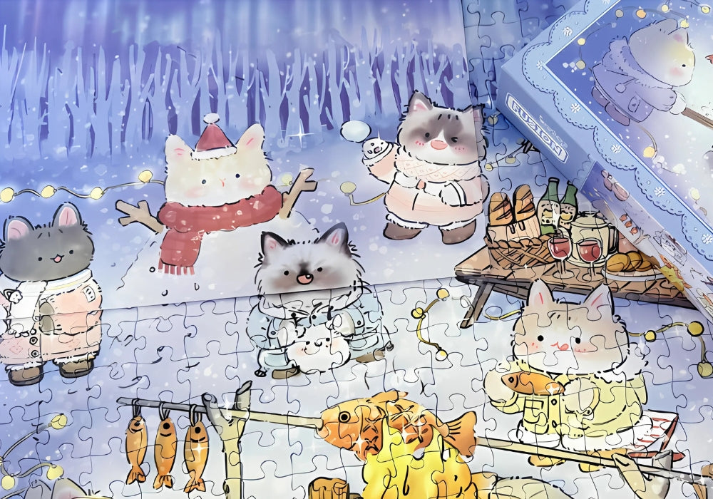 Close-up of the completed Aurora puzzle showing cats by the campfire and a snowy background.