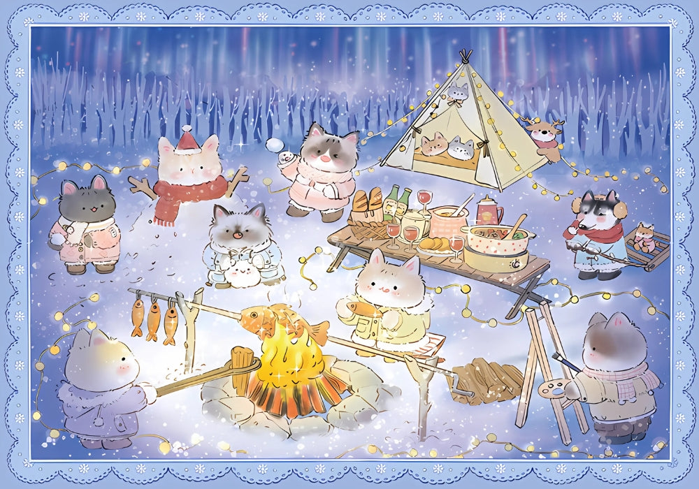 Cute illustrated puzzle of cats camping in a snowy forest with tents, fairy lights, and a campfire.