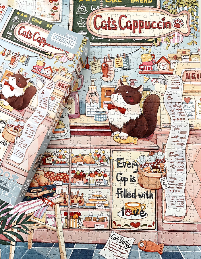 Illustration artwork of Cat Cafe puzzle with pastries, cats, and café interior.