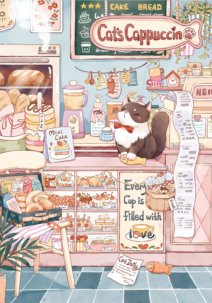 Illustration artwork of Cat Cafe puzzle with pastries, cats, and café interior.