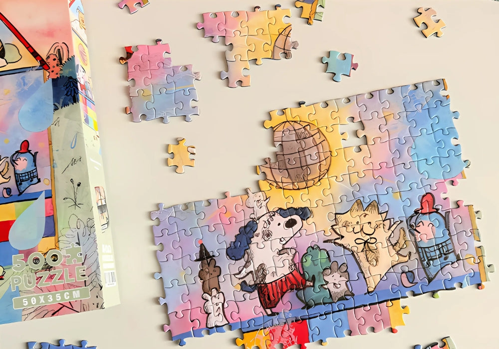 Partially completed Dancing Party puzzle showing dancing animals and a disco ball under warm lighting.