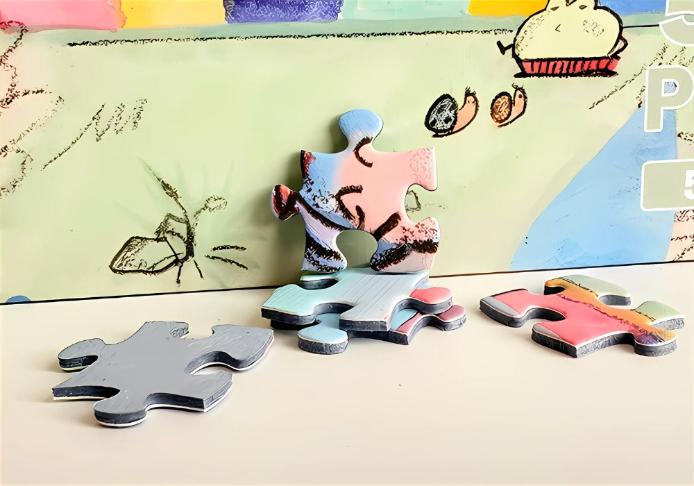 Loose Dancing Party puzzle pieces stacked upright, highlighting colourful print and quality thickness.