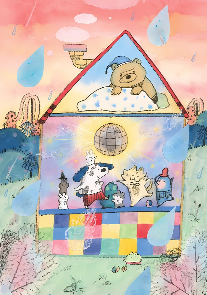 Full artwork of Dancing Party puzzle, with colourful characters partying beneath a sleeping bear, under rainbow hues and over