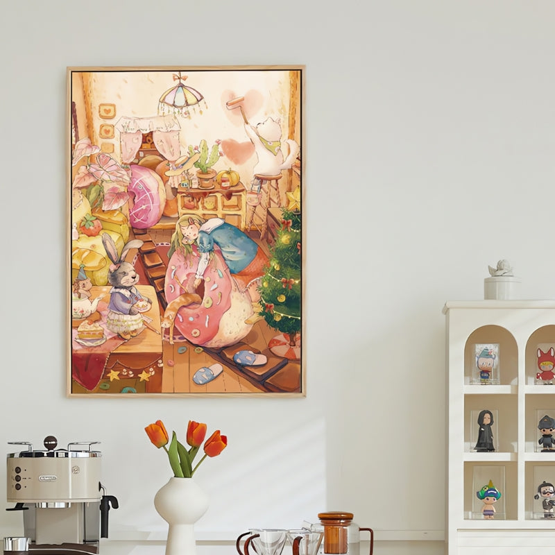 Framed Doughnuts puzzle artwork hanging in a modern home interior next to tulips and collectible figurines.