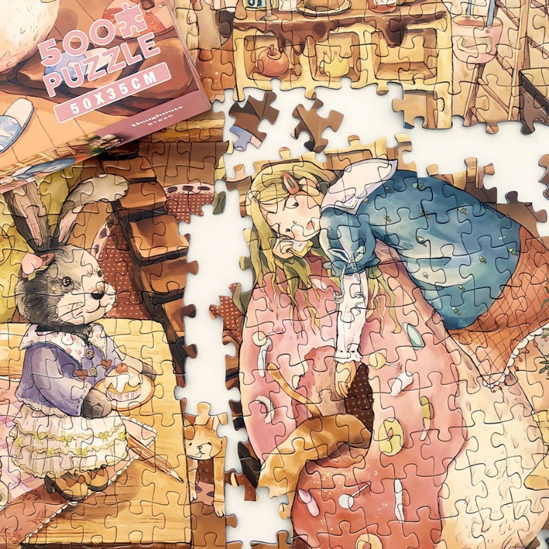 Partially assembled Doughnuts puzzle showing girl hugging a giant pink doughnut and bunny holding a dessert.