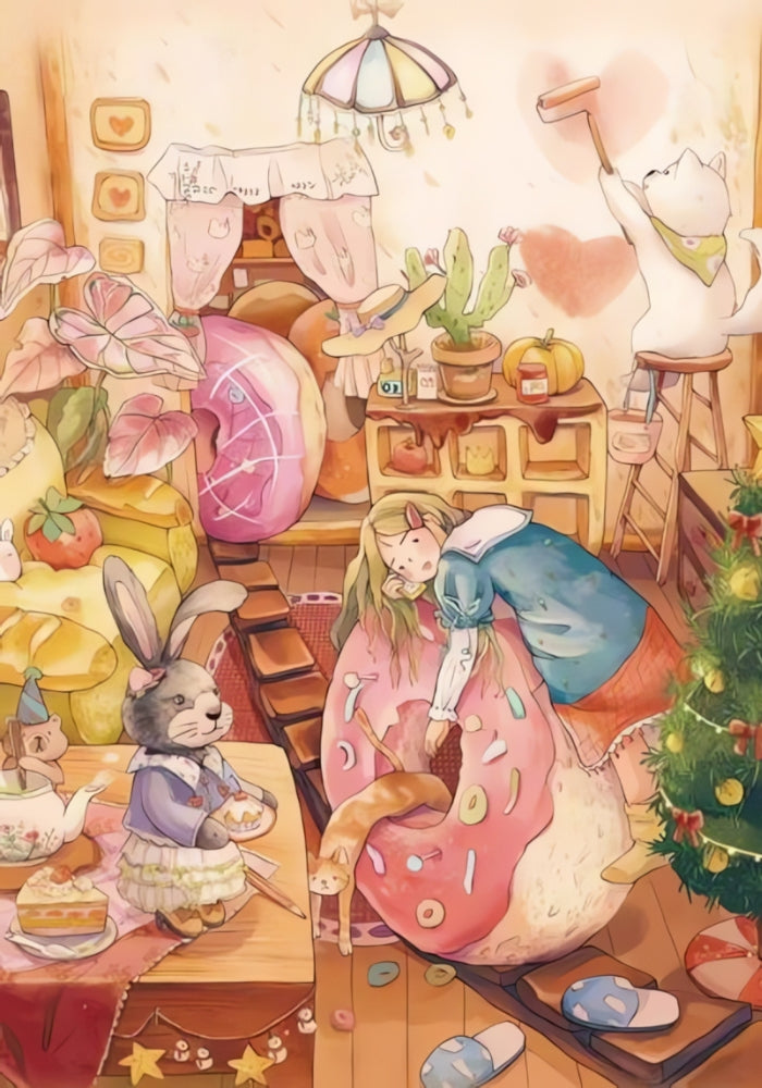 Whimsical room scene with a girl leaning on a giant doughnut, surrounded by animals, plants, and festive decorations.