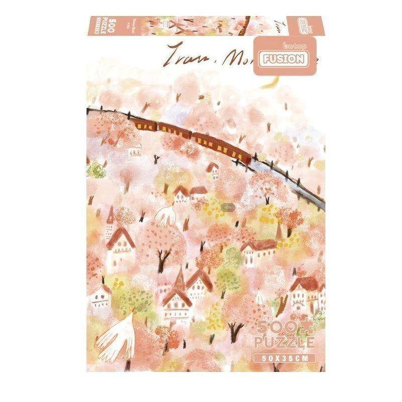 Botop 500 piece puzzle box Flower Bush, showing a pink and orange floral landscape with a train passing over pastel house.