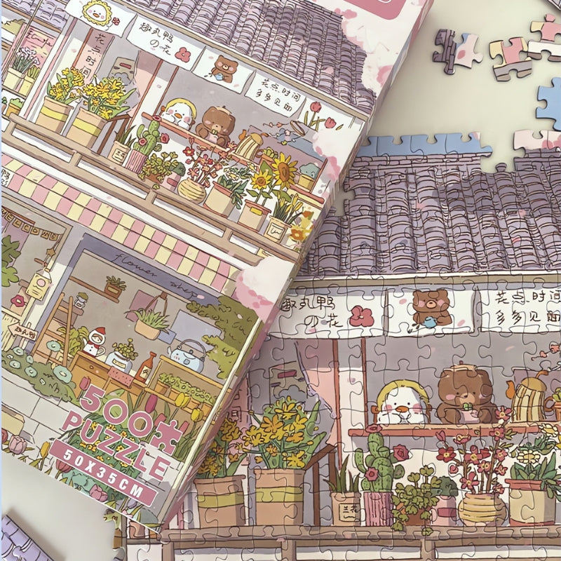 Close-up of partially completed Happy Apartment puzzle showing cartoon bears and flower pots on a tiled rooftop.