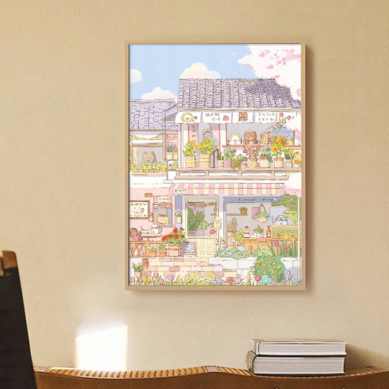 Framed Happy Apartment puzzle displayed on a beige wall above a modern desk and books.