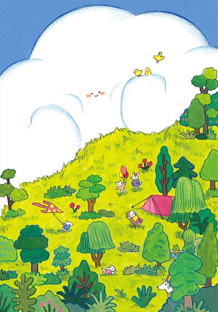 Full illustrated design of the puzzle showing a peaceful green hill dotted with trees, animals, and a pink tent.