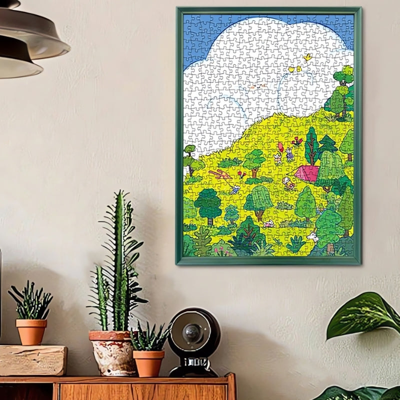 Framed completed Hillside puzzle hanging on a wall in a cosy room with houseplants.