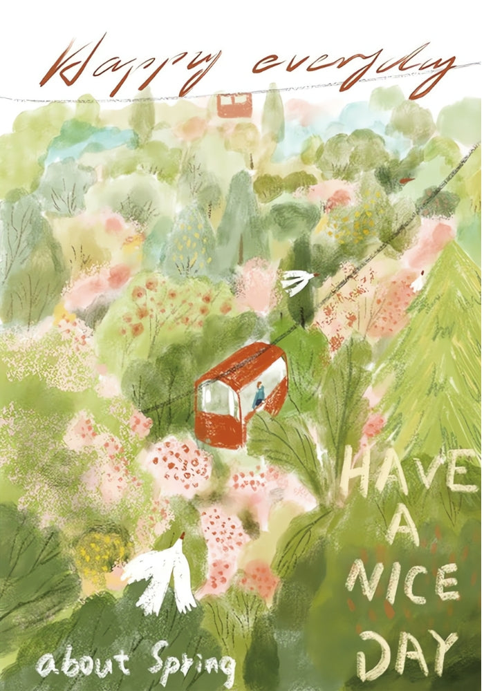 Whimsical illustration of a red cable car in a forest of pastel green trees and pink flowers.