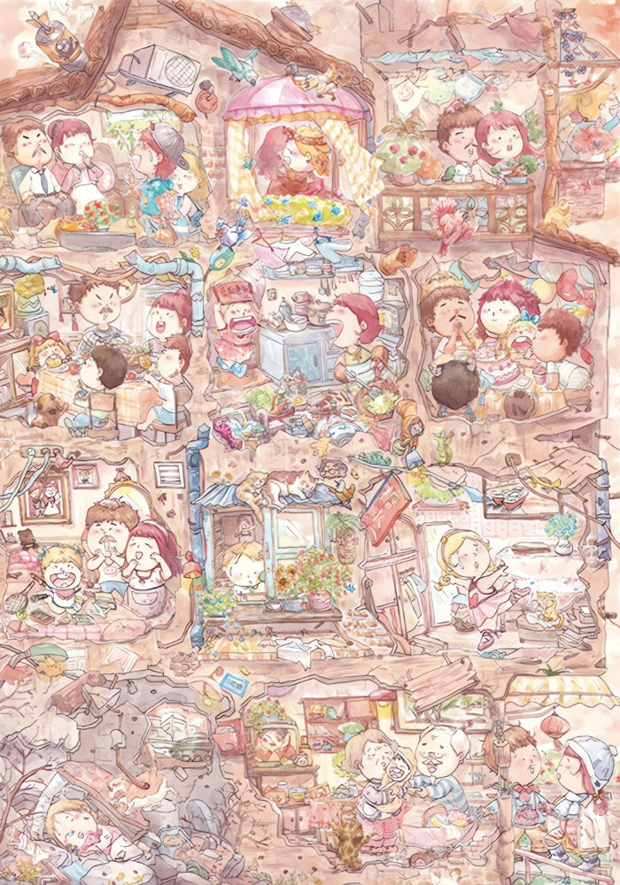 Detailed illustration of a cosy home filled with heartwarming family life and fantasy elements, from cooking to playtime.