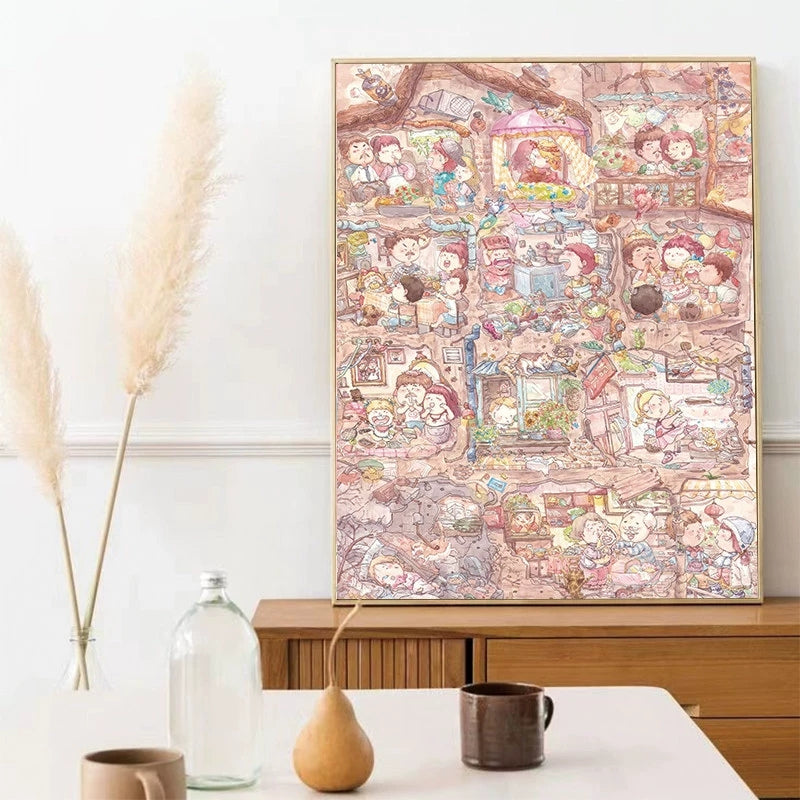 Framed Last Dream puzzle artwork displayed on a wooden cabinet in a modern room setting with decor.