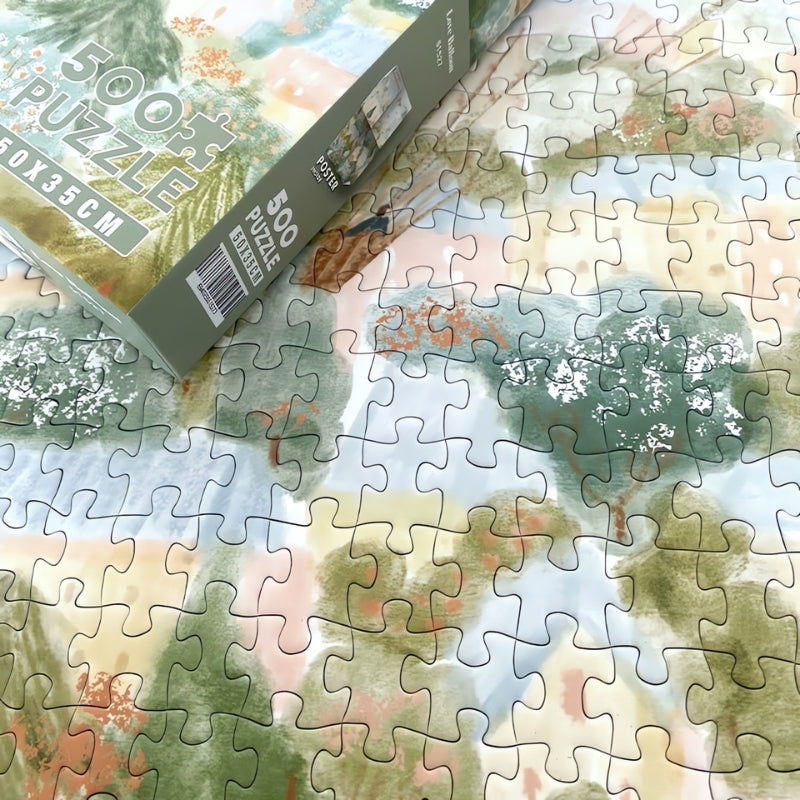 Close-up of assembled "Love Balloon" puzzle pieces showing soft watercolour-style greens and blues.