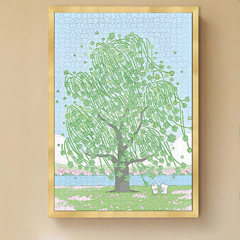 Lucky Tree puzzle box with partially completed puzzle showing clover-filled artwork