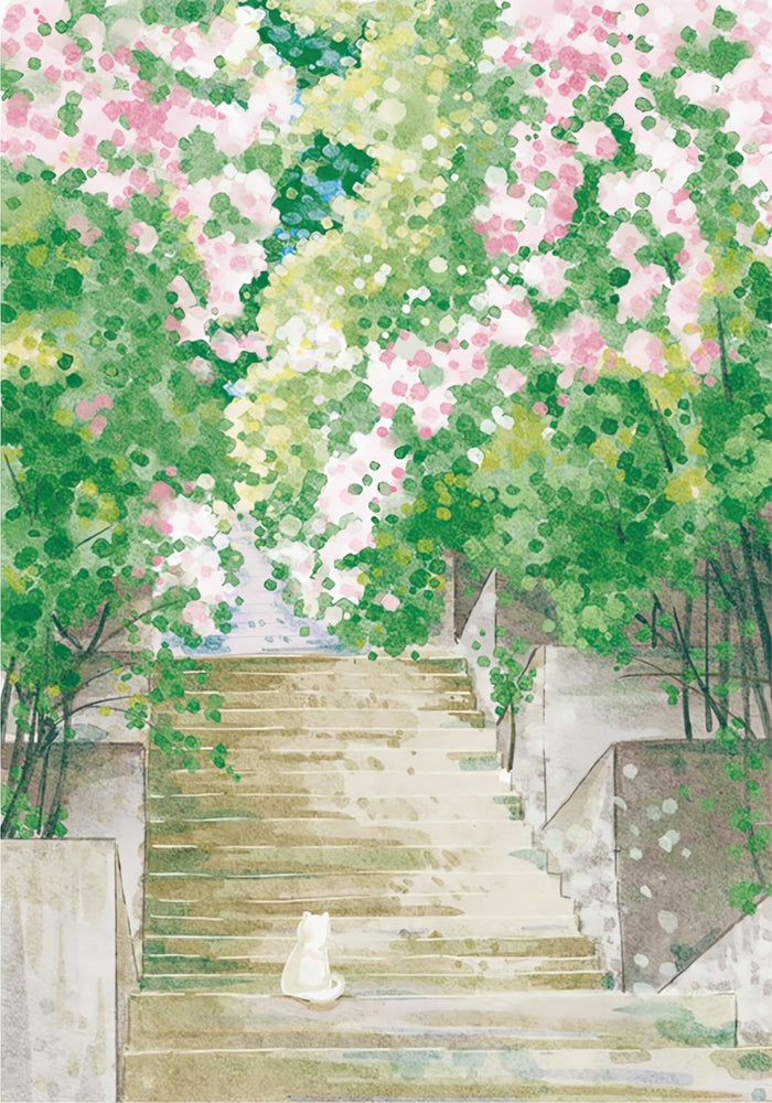 Peaceful stairway scene with lush green and pink trees overhead, and a white cat sitting near the bottom of the steps.