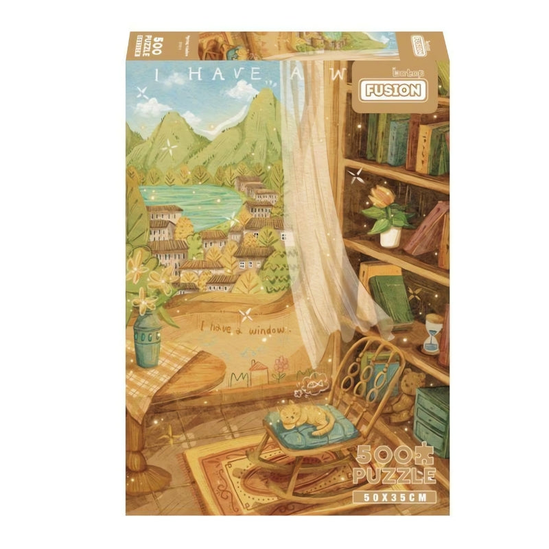 Botop Spring Window 500 piece puzzle box showing a cosy indoor scene with cat napping and natural view through the window.