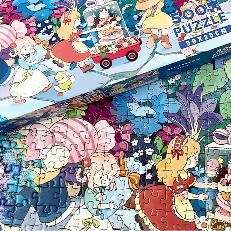 Close-up of partially completed "Sweet Summer" puzzle featuring characters with balloons and a trolley carrying a large cake.
