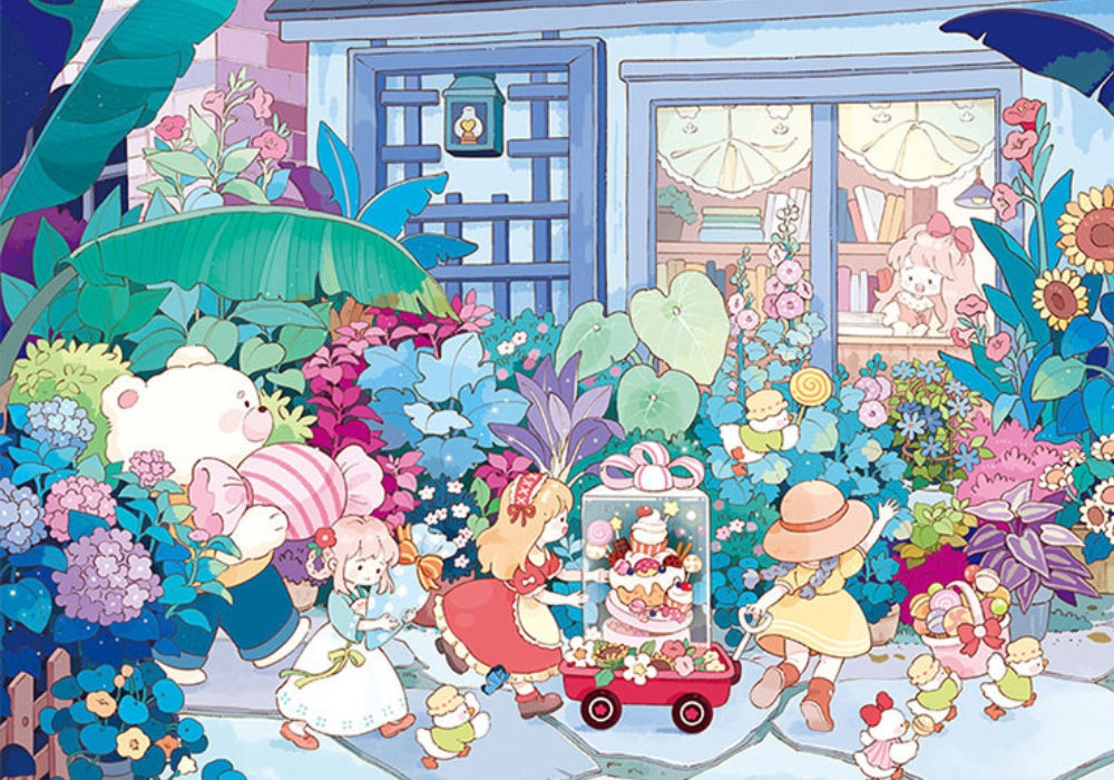 Vibrant illustration of a summer garden party with kids, a bear, flowers, and a gift cake outside a cottage.