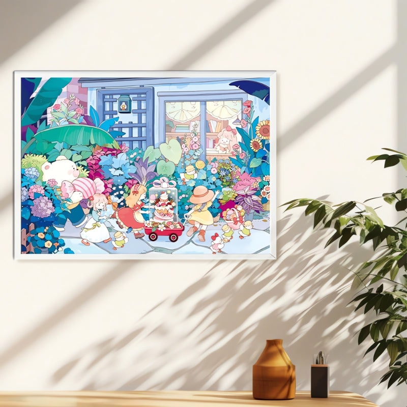 Framed Sweet Summer puzzle artwork on a sunny wall with indoor plants casting soft shadows.