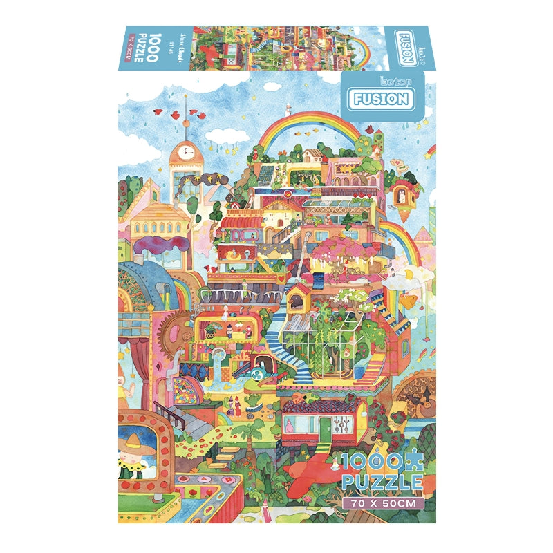 Above Clouds 1000 piece puzzle box showing a rainbow-filled fantasy town with vibrant layers and greenery.