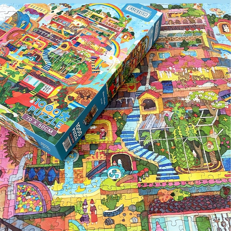 Above Clouds puzzle box resting on finished puzzle with stairways, trees and detailed fantasy buildings.