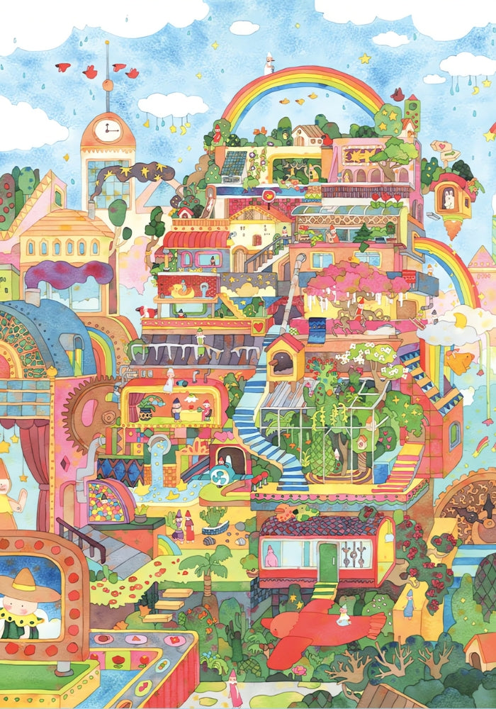 Completed Above Clouds puzzle artwork featuring a colourful hillside village under rainbows and clouds.